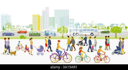 Sagoma della città con pedoni, ciclisti e traffico stradale, illustrazione Foto Stock