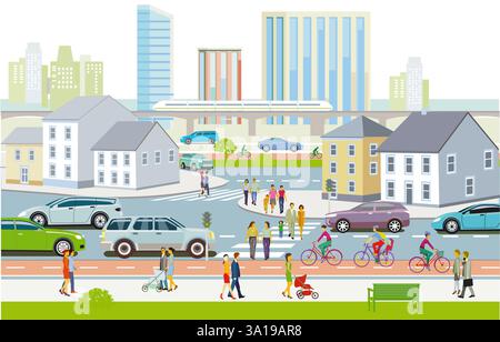 Traffico stradale con pedoni, ciclisti e traffico stradale, illustrazione Foto Stock