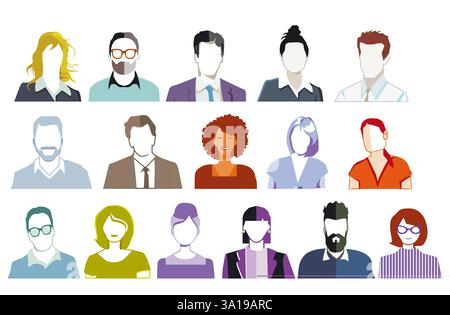 gruppo di persone ritratto, volti isolati su sfondo bianco. illustrazione Foto Stock
