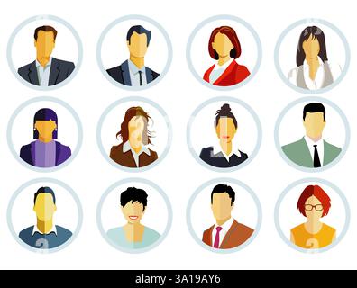 gruppo di persone ritratto, volti isolati su sfondo bianco. illustrazione Foto Stock