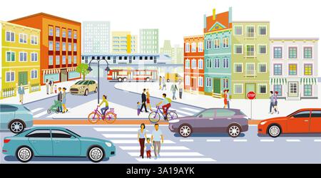 traffico stradale con pedoni, ciclisti e traffico stradale, illustrazione Foto Stock