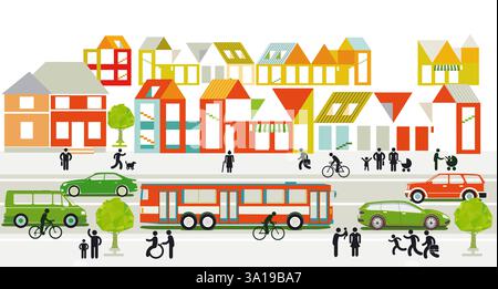 città con periferia, traffico stradale, edifici residenziali e pedoni sul marciapiede, illustrazione Foto Stock