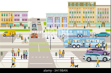 città con traffico stradale, fermata dell'autobus e pedoni sul marciapiede, illustrazione Foto Stock