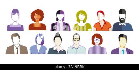 gruppo di persone ritratto, volti isolati su sfondo bianco. Illustrazione Foto Stock