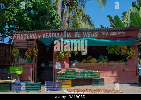 Puerto Viejo de Talamanca, Costa Rica - 12 gennaio 2024: Stand di frutta biologica rustica Foto Stock