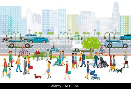 lo skyline della grande città con traffico stradale e pedoni, illustrazione Foto Stock