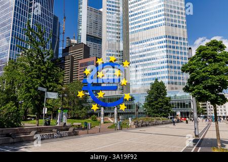 Francoforte, Germania, l'euro firma come simbolo per l'Europa con banche grattacieli a Willy-Brandt-Platz a Francoforte, Germania. Foto Stock