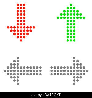4 frecce tratteggiate rivolte verso l'alto, verso il basso, a sinistra e a destra in rosso, verde e grigio Foto Stock