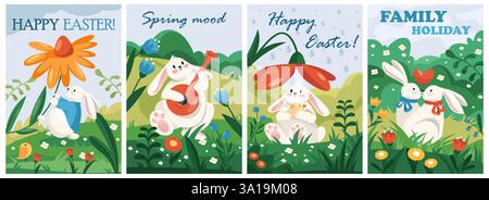 Serie di striscioni con conigli a fumetti per le vacanze di Pasqua. Raccolta di volantini vettoriali o biglietti d'auguri. Felice Pasqua coniglietti i simboli della festa primaverile. Illustrazione Vettoriale