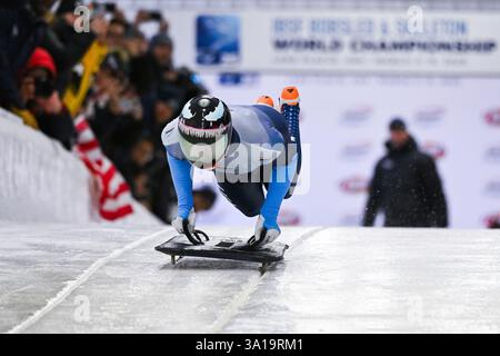 Lago Placid, Vereinigte Staaten. 7 marzo 2025. LAKE PLACID, NY, STATI UNITI - 07 MARZO: Austin Florian (USA) gareggia durante la gara maschile di Heat 3 il 7 marzo 2025 al Mt Van Hoevenberg di Lake Placid, NY, Stati Uniti (foto di David Kirouac) credito: dpa/Alamy Live News Foto Stock