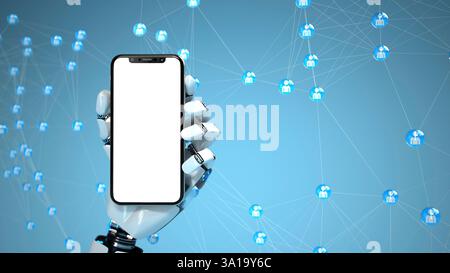 Mano robot con smartphone e rete umana su sfondo blu. illustrazione 3d. Foto Stock