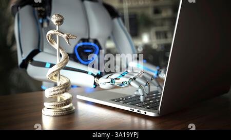 Il robot umanoide lavora come assistente in uno studio medico. illustrazione 3d. Foto Stock