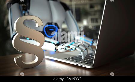 Il robot umanoide funziona come assistente in uno studio legale. illustrazione 3d. Foto Stock