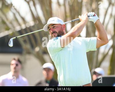 Orlando, Florida, Stati Uniti. 7 marzo 2025. Stephan Jaeger della Germania sul decimo tee durante il secondo round dell'Arnold Palmer Invitational presentato da Mastercard tenutosi all'Arnold Palmer's Bay Hill Club & Lodge di Orlando, Florida. Romeo T Guzman/CSM/Alamy Live News Foto Stock