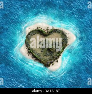 Vista aerea di un'isola a forma di cuore circondata da acque cristalline dell'oceano Foto Stock