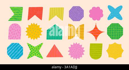 Forme geometriche astratte moderne con motivi e texture semplici. Set di forme geometriche brutali scanalate astratte Y2K. Set vettoriale per adesivi e grafici Illustrazione Vettoriale