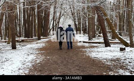 Coppia matura che va su un sentiero innevato nella pineta invernale. Marito anziano e moglie camminano attraverso il sentiero nel bosco di conifere. Coppia più vecchia di Foto Stock