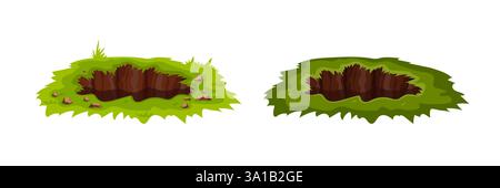 Due fori ricoperti di cartoni animati in terra con rocce e terreno marrone Illustrazione Vettoriale