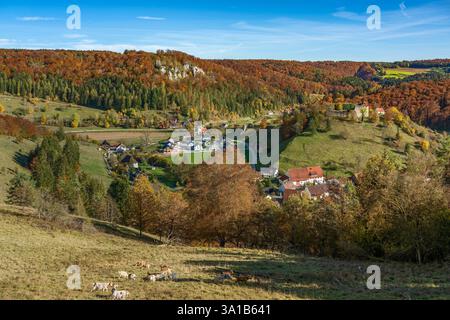 Münsingen - Gundelfingen, vista dal punto panoramico di Bürzel sulle rovine del castello di Nieder e Hohengundelfingen Foto Stock