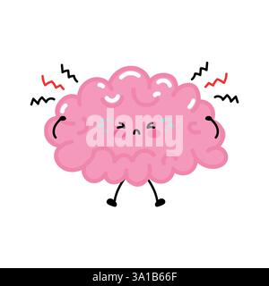 Una simpatica illustrazione in stile cartoni animati di un cervello rosa che soffre di mal di testa. Il personaggio ha un aspetto angosciato, con linee di tensione e un'espressione dolorosa. Illustrazione Vettoriale