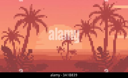 Pixel art tramonto con silhouette di palme adagiate su un cielo arancione vibrante Illustrazione Vettoriale