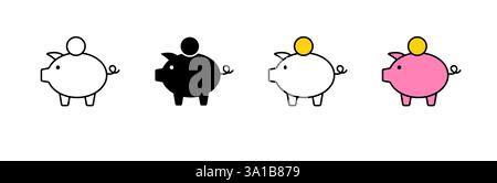 Quattro icone salvadanaio stilizzate in nero, bianco e rosa con design a moneta Illustrazione Vettoriale