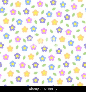 Fiori semplici in ordine casuale motivo senza cuciture, ornamento floreale ripetuto, illustrazione vettoriale disegnata a mano per tessuti, tessuti, carta regalo, stampa moda, Pasqua, decorazioni per le vacanze primaverili Illustrazione Vettoriale