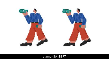 Immagine in stile pixel art di una persona che tiene in mano una fotocamera con colori vivaci e stile retrò Illustrazione Vettoriale