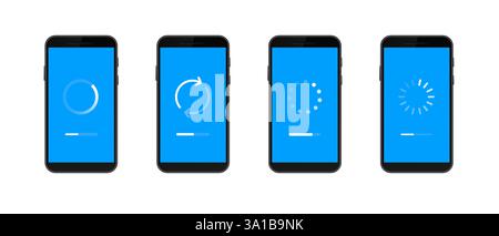 Quattro smartphone mostrano diverse schermate di caricamento con sfondo blu e indicatori di avanzamento Illustrazione Vettoriale