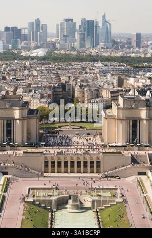 Parc de la Défense, Parigi, Francia. Molte persone si rilassano e si godono le fontane e l'architettura del Musée d'Orsay. Vista dall'alto. Foto Stock