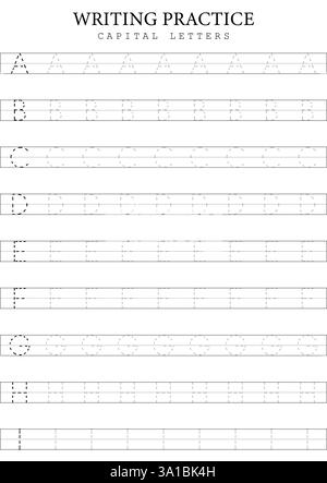 Lettere maiuscole Tracing 1 modello A to i per bambini, scheda pratica di scrittura alfabetica vettore semplice Illustrazione Vettoriale