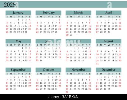 Vettore calendario annuale 2025 in blu, inizio domenica, progettazione pulita, modello stampabile Illustrazione Vettoriale