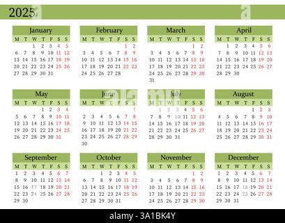 Vettore calendario annuale 2025 in verde, inizio lunedì, progettazione pulita, modello stampabile Illustrazione Vettoriale