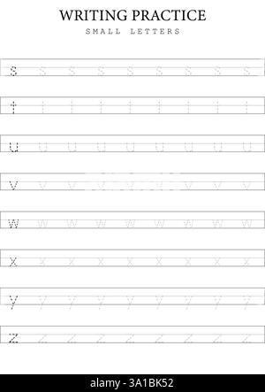 Small Letters Tracing 3 modello S to z per bambini, scheda pratica di scrittura alfabetica vettoriale semplice Illustrazione Vettoriale