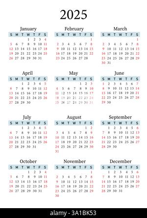 2025 verticale vettore calendario annuale, inizio domenica, progettazione pulita, modello stampabile Illustrazione Vettoriale