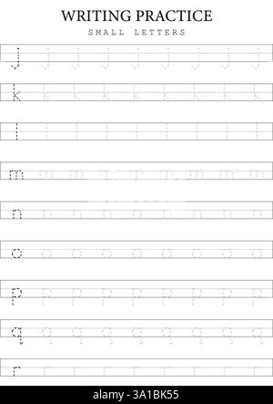 Small Letters Tracing 2 modello da j a r per bambini, scheda pratica di scrittura alfabetica vettoriale semplice Illustrazione Vettoriale
