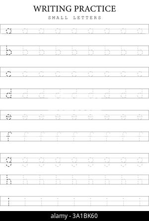 Small Letters Tracing 1 a to i Template for Kids, Simple Vector Alphabet Writing Practice Sheet Illustrazione Vettoriale