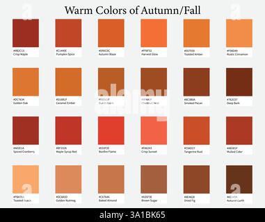 Tavolozze dei colori 24 tonalità calde di autunno o autunno - Rosso, Marrone, colori brillanti - con codici e nomi ESADECIMALI, schema dei colori e combinazioni Illustrazione Vettoriale