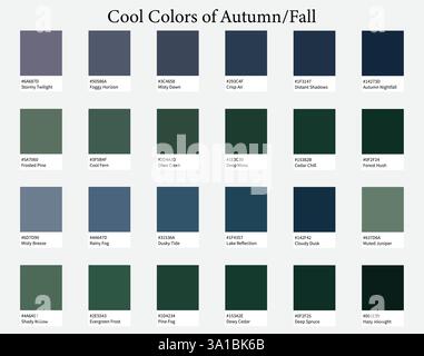 Tavolozze dei colori 24 tonalità fredde di autunno o autunno - viola, verde, colori profondi - con codici e nomi ESADECIMALI, schema dei colori e combinazioni Illustrazione Vettoriale