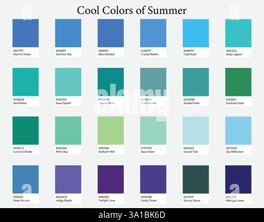 Tavolozze dei colori 24 tonalità calde dell'estate - colori blu, verde, viola - con codici e nomi ESADECIMALI, schema dei colori e combinazioni Illustrazione Vettoriale