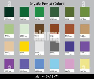 Tavolozze dei colori 24 colori di Mystic Forest - Woodland, Deep, Earthy, Bright Colors - con codici e nomi ESADECIMALI, schema dei colori e combinazioni Illustrazione Vettoriale