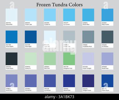 Tavolozze dei colori 24 colori freddi di Tundra congelata - colori ghiacciati, muted, grigi, pastello - con codici e nomi ESADECIMALI, schema dei colori e combinazioni Illustrazione Vettoriale