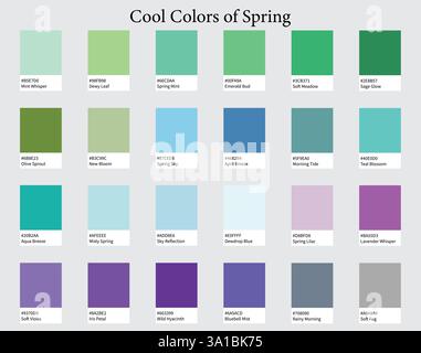 Tavolozze dei colori 24 tonalità fredde di primavera - Blu, Verde, Viola, colori brillanti - con codici e nomi ESADECIMALI, schema dei colori e combinazioni Illustrazione Vettoriale