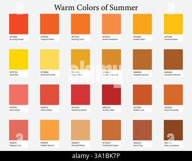 Tavolozze dei colori 24 tonalità calde dell'estate - arancione, giallo, marrone, rosso, colori brillanti - con codici e nomi ESADECIMALI, schema dei colori e combinazioni Illustrazione Vettoriale