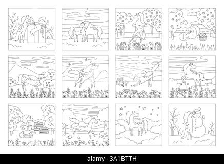 Libro da colorare per cartoni animati Horse in Prato per illustrazioni vettoriali per bambini. Set di 12 pagine d'arte con cavalli in pose diverse, scene e paesaggi. Quattro stagioni della natura doodle illustrazioni pony per bambini Illustrazione Vettoriale