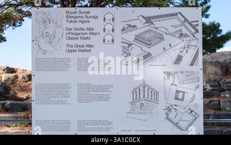 Pergamon, Turchia, Turkiye. Un sito Patrimonio dell'Umanità. Informazioni sul grande altare, ora in un museo di Berlino. Foto Stock