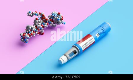 Illustrazione di una penna preriempita di farmaco per il diabete semaglutide e di una molecola di semaglutide. Commercializzato come Ozempic, il semaglutide è un analogo peptide-1 (GLP-1) simile al glucagone che viene utilizzato per trattare il diabete e per la gestione del peso. Aumenta la produzione di insulina, l'ormone che abbassa i livelli di zucchero nel sangue, mentre sopprime la secrezione di glucagone, l'ormone che aumenta i livelli di zucchero nel sangue. Inoltre, riduce la fame e rallenta lo svuotamento gastrico. Viene somministrato per iniezione nella coscia, nell'addome o nella parte superiore del braccio. Foto Stock