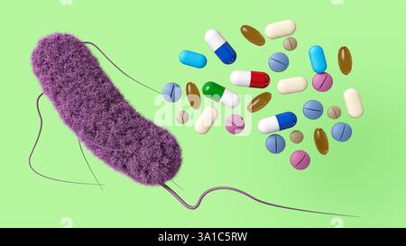 Illustrazione concettuale di un batterio accanto a vari tipi di farmaci, sottolineando la sfida della lotta contro la resistenza agli antibiotici. Foto Stock