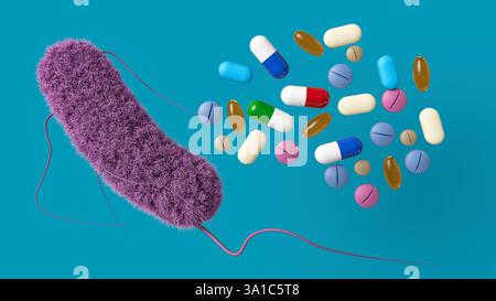Illustrazione concettuale di un batterio accanto a vari tipi di farmaci, sottolineando la sfida della lotta contro la resistenza agli antibiotici. Foto Stock