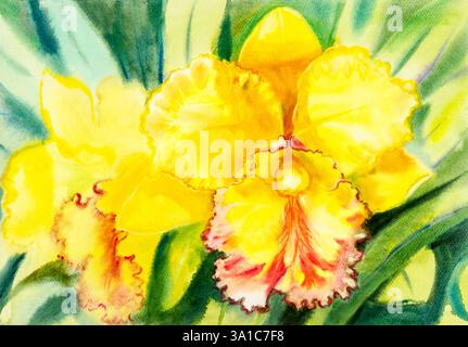 Acquerello astratto dipinto originale giallo, colore arancione del fiore di orchidea e foglie verdi su sfondo blu. Foto Stock